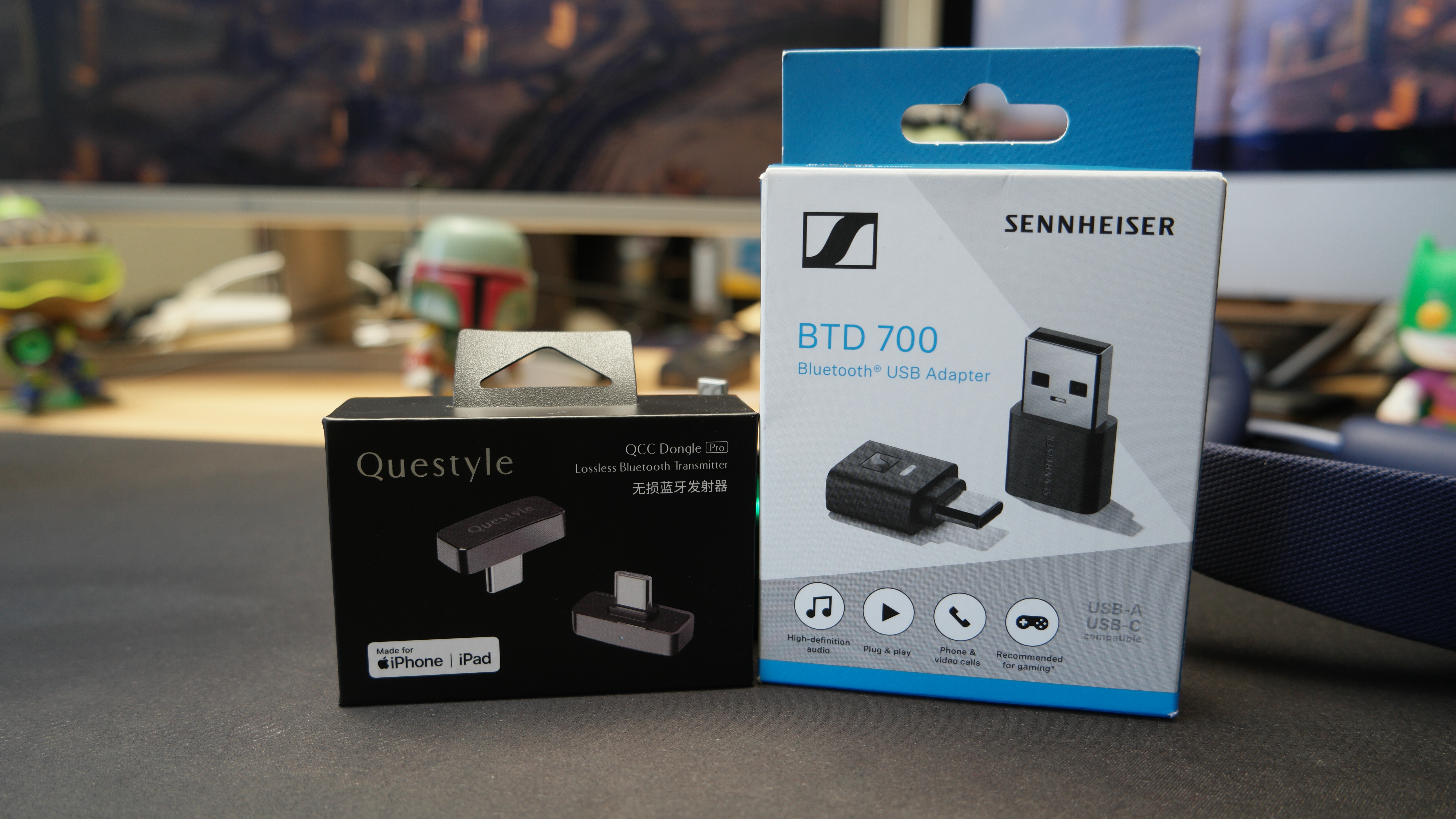 Retail packaging for the Sennheiser BTD 700 and Questyle QCC Dongle Pro