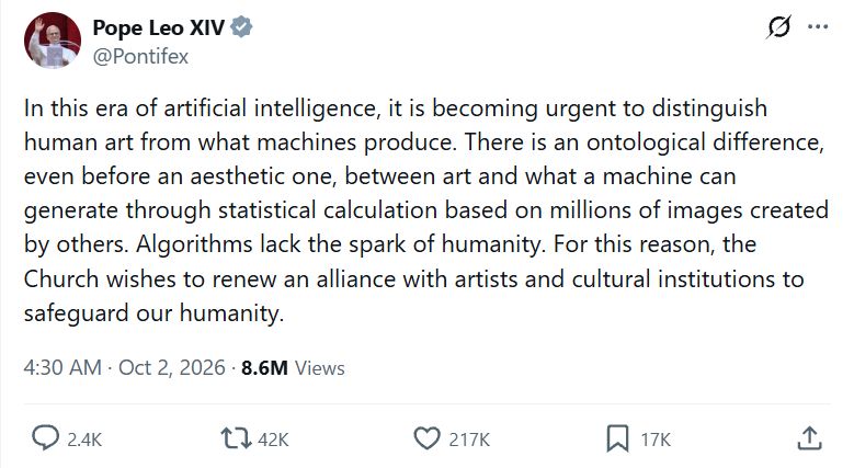 A screenshot of Pope Leo XIV's anti-AI art message on X.
