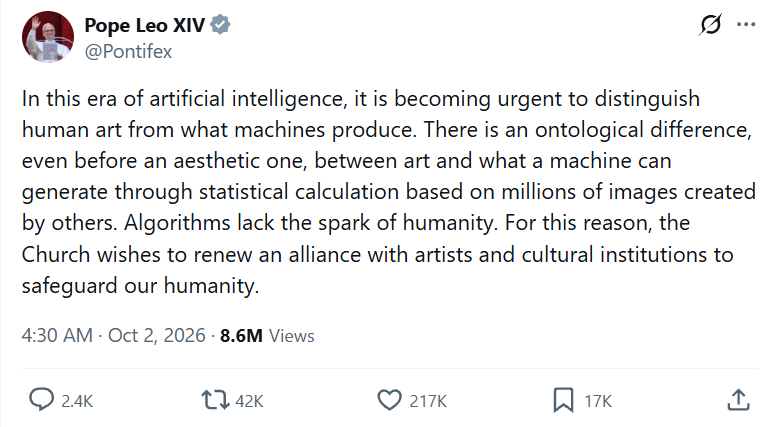 A screenshot of Pope Leo XIV's anti-AI art message on X.