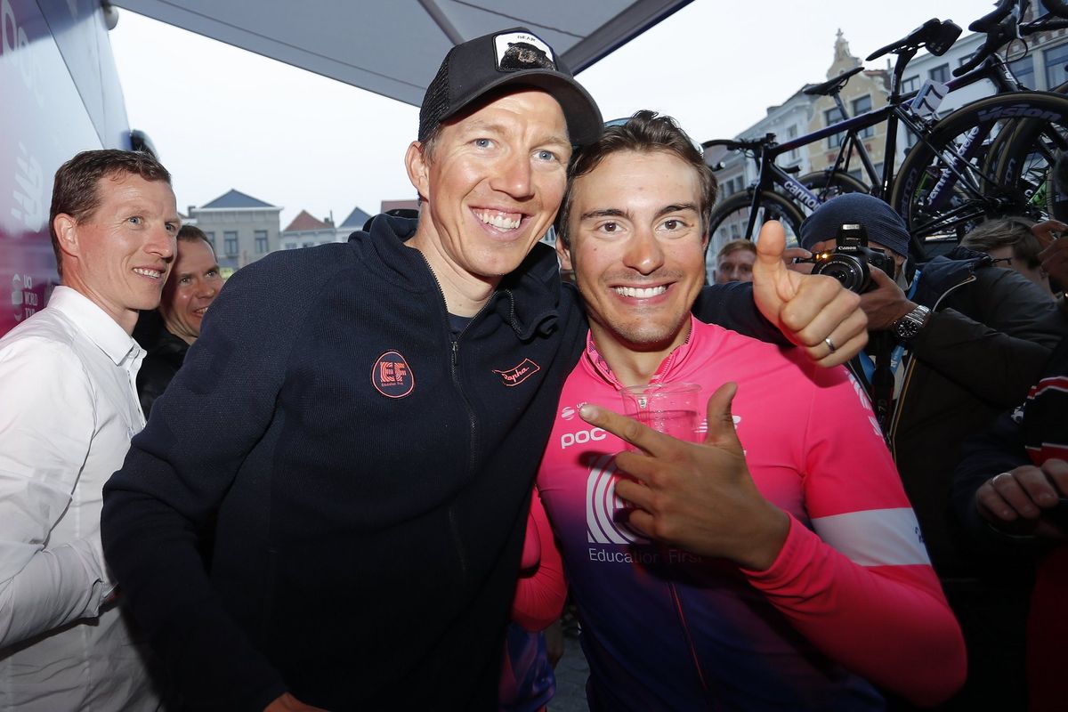 Sep Vanmarcke (left) congratulates EF Pro Cycling teammate Alberto Bettiol after his victory at the 2019 Tour of Flanders