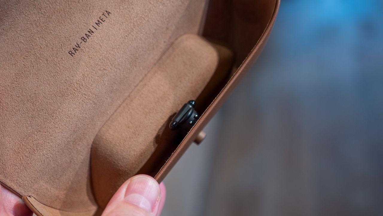 The new tan leather charging case for Ray-Ban Meta smart glasses