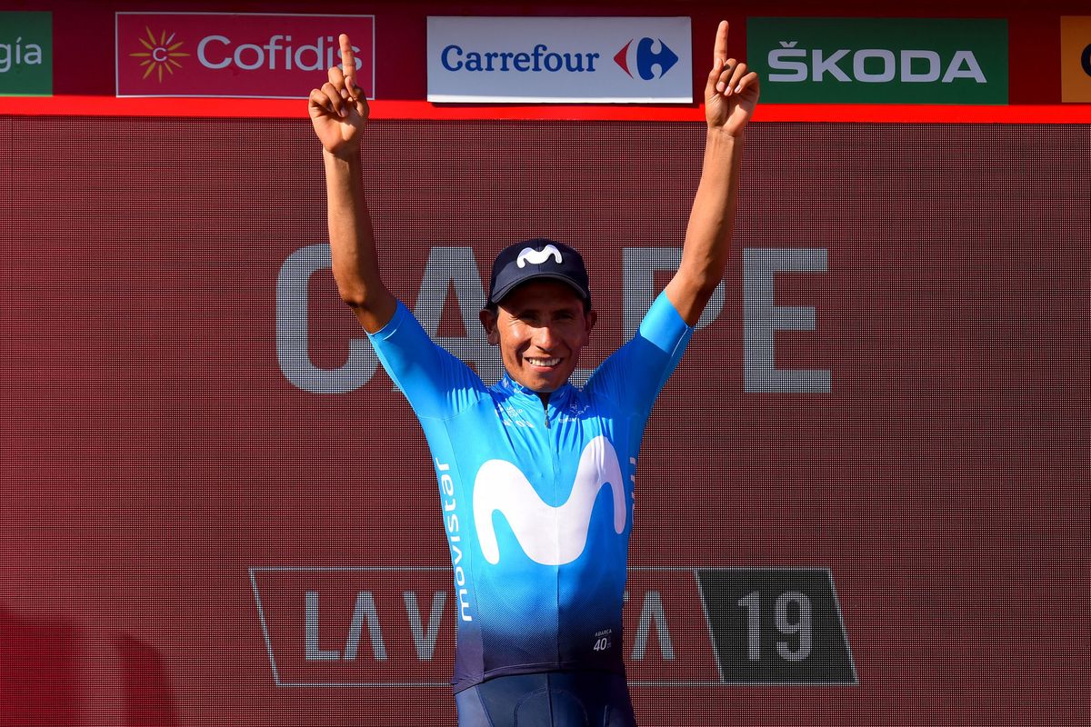 Nairo Quitana (Movistar) after wining stage 2 of the Vuelta a Espana