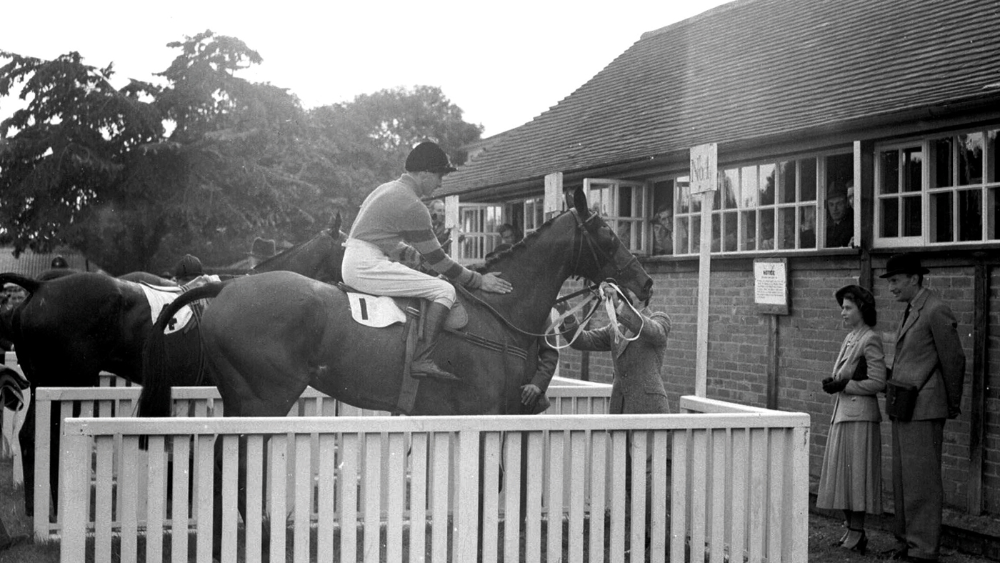 Princess Elizabeth (the Queen) inspects Monaveen, ridden by Tony Grantham, after his victory at Fontwell Park. The Grand National candidate is owned in partnership with the Queen (the Queen Mother).