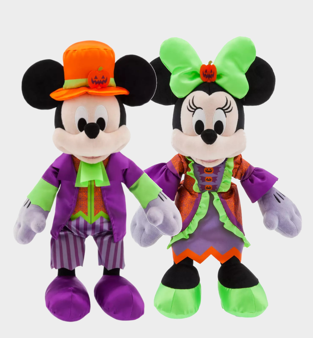 Mickey and Minnie Mouse Halloween Plushes on a plain background