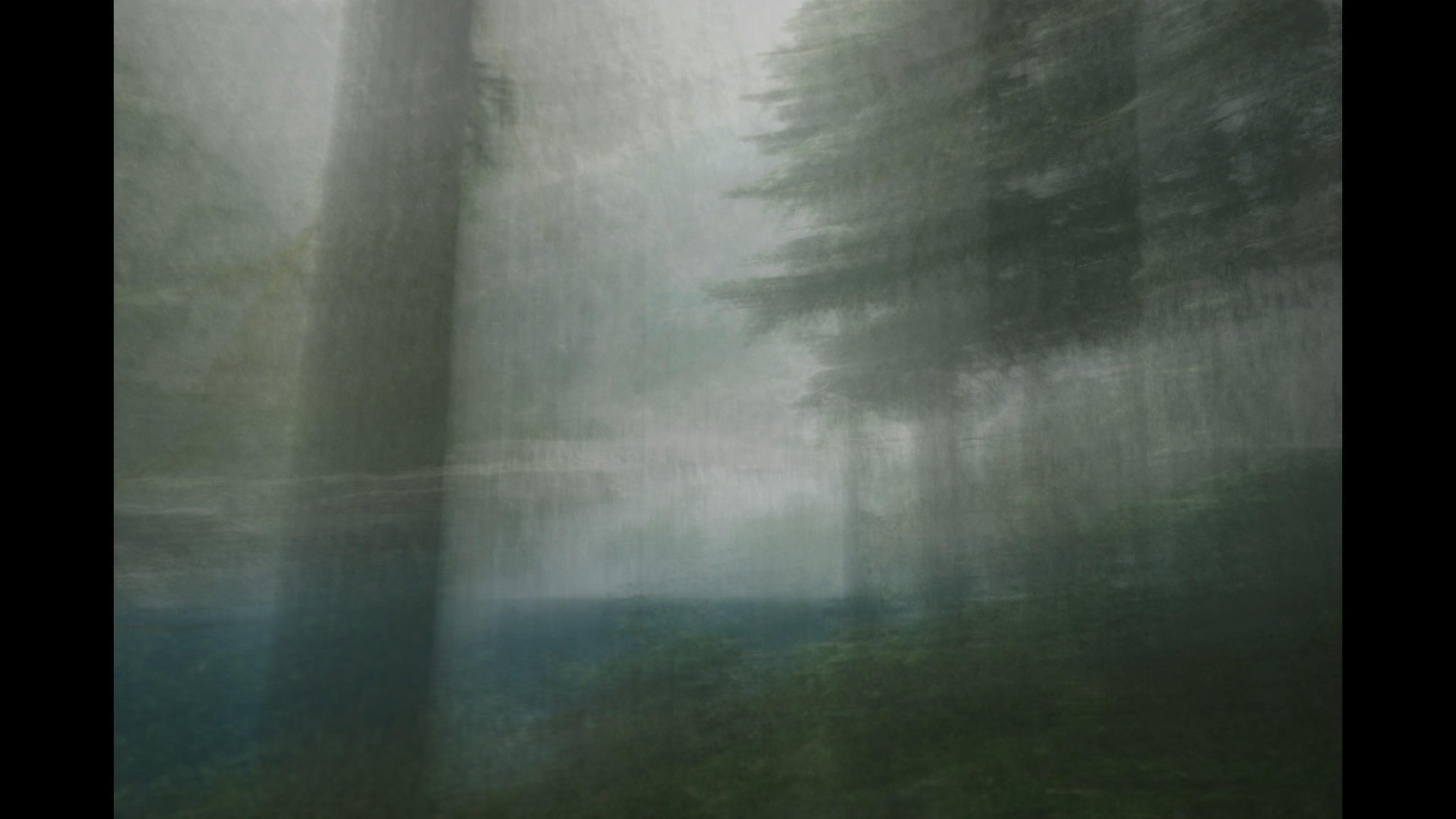 Screenshot of the photography simulator game Lushfoil Photography Sim, depicting an abstract image of a pine woodland 