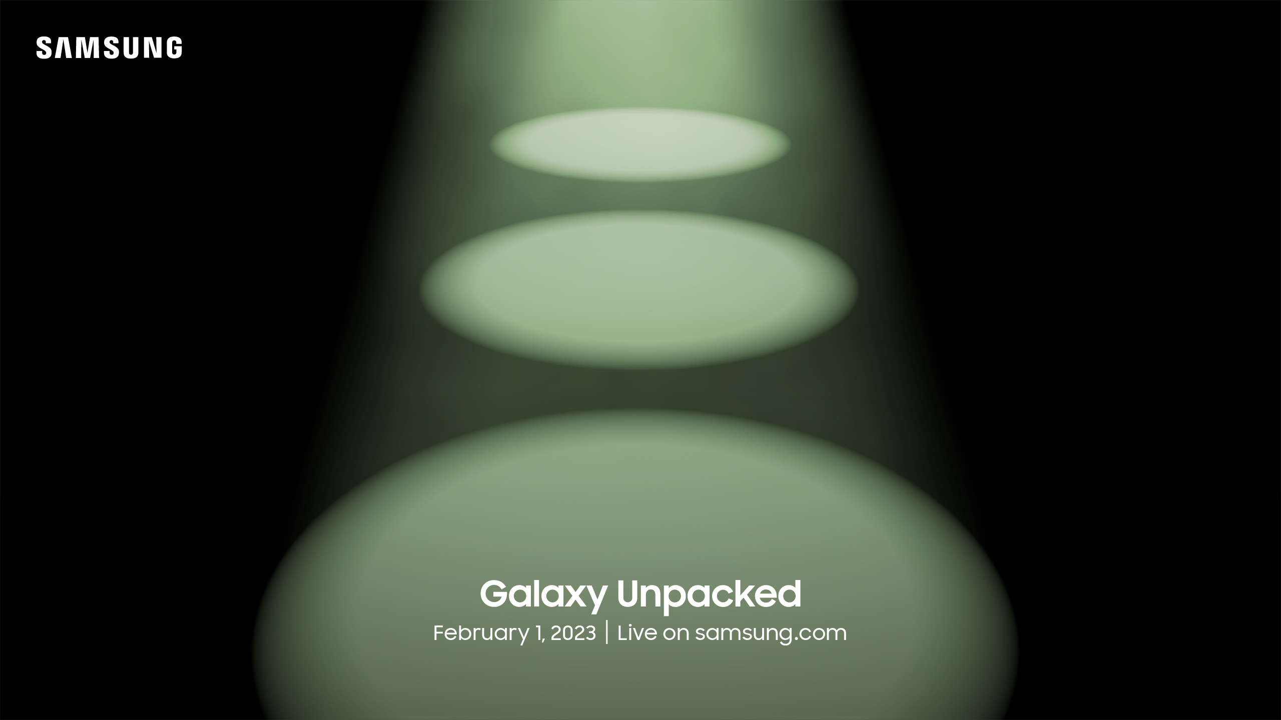 Samsung Galaxy Unpacked invitation showing three lit circles on a dark background