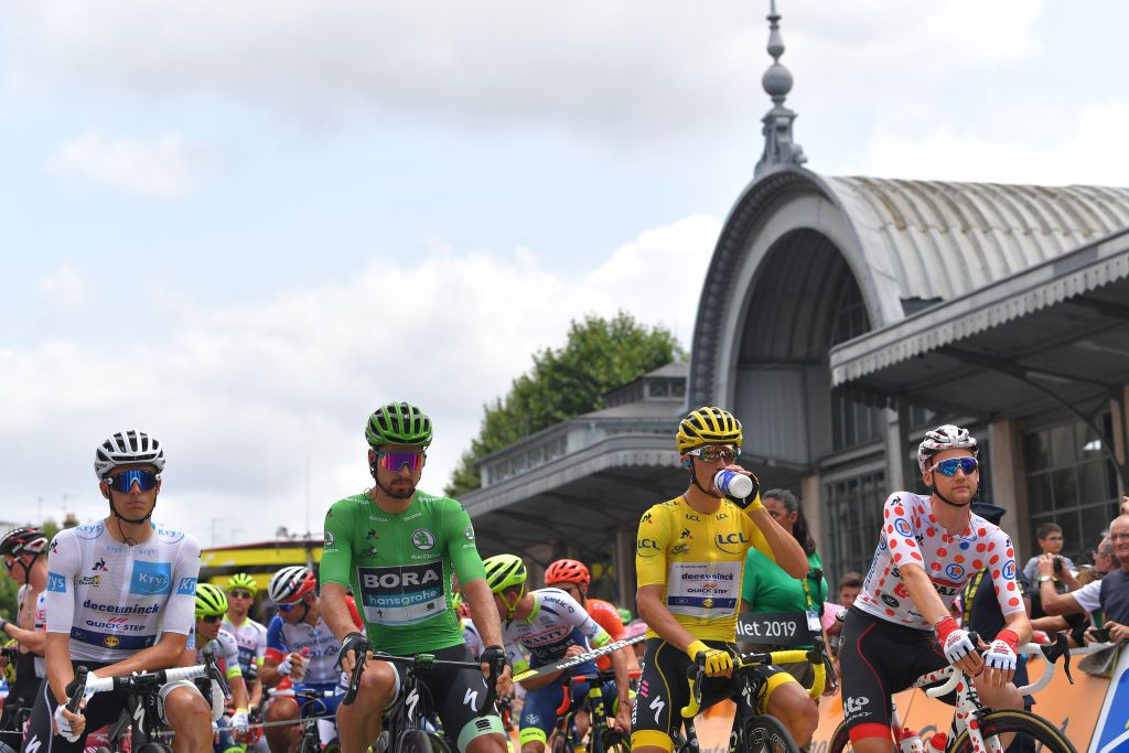 The jersey wearers in Tarbes: Mas, Sagan, Alaphilippe and Wellens