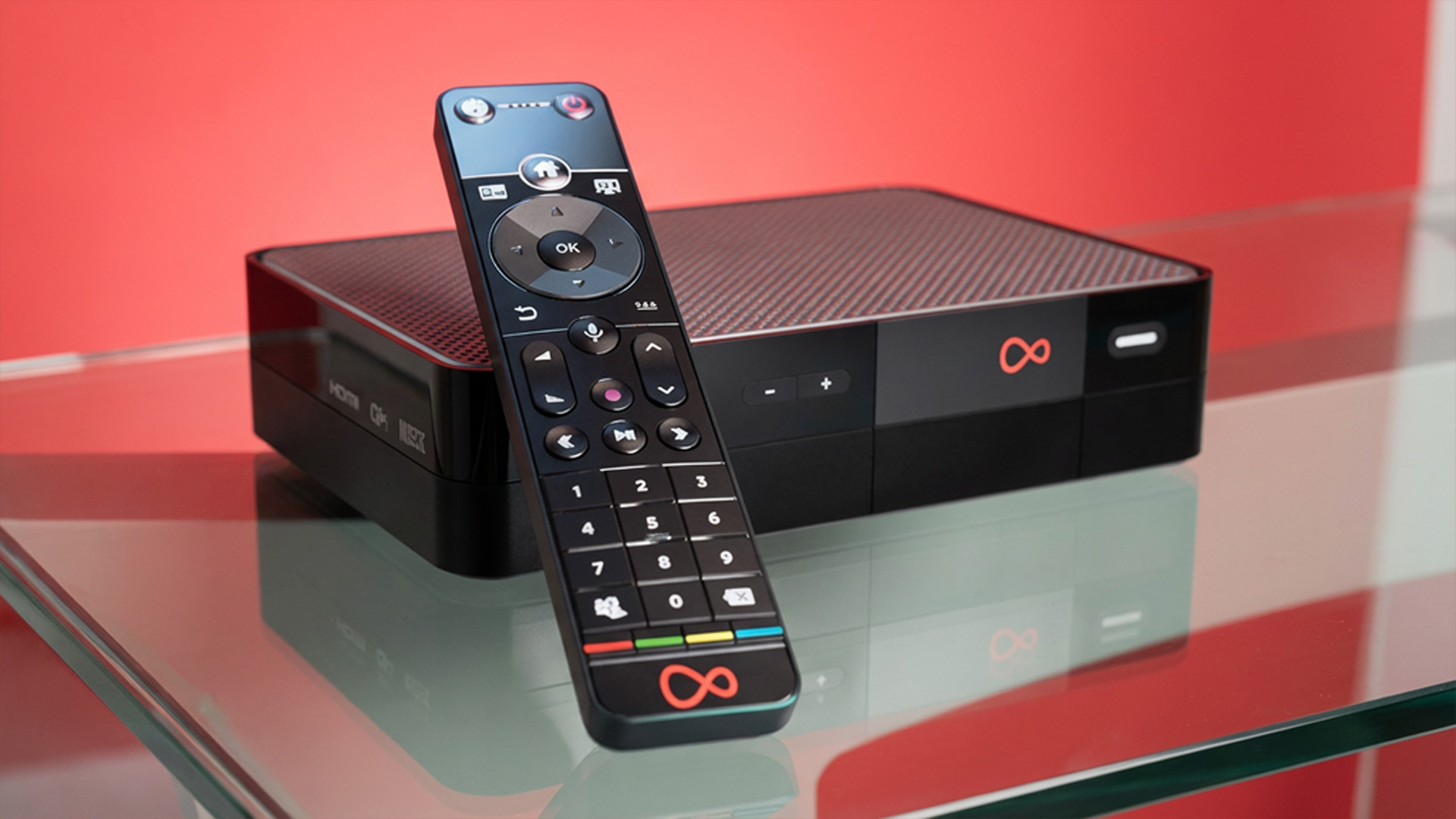 Virgin TV 360 box sitting on glass tabletop