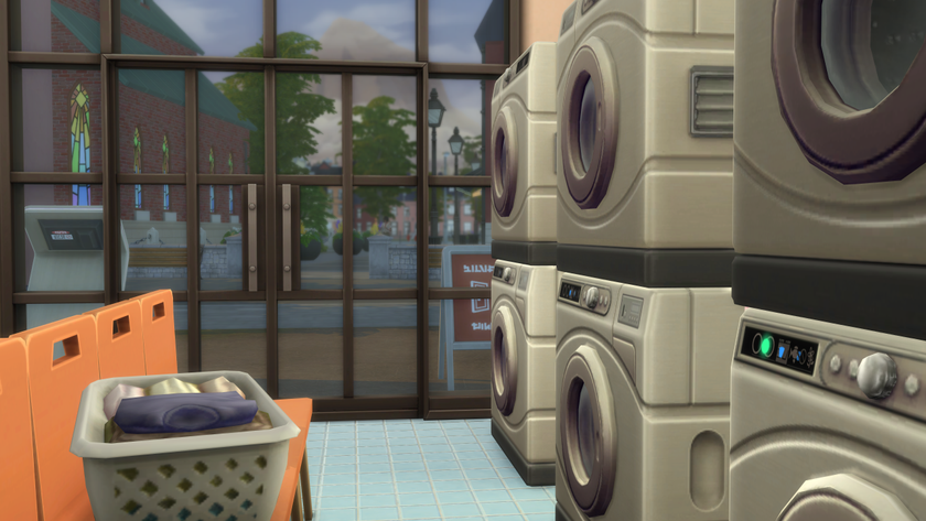 The Sims 4 - stacks of laundry machines in a small laundromat small business next to chairs with laundry