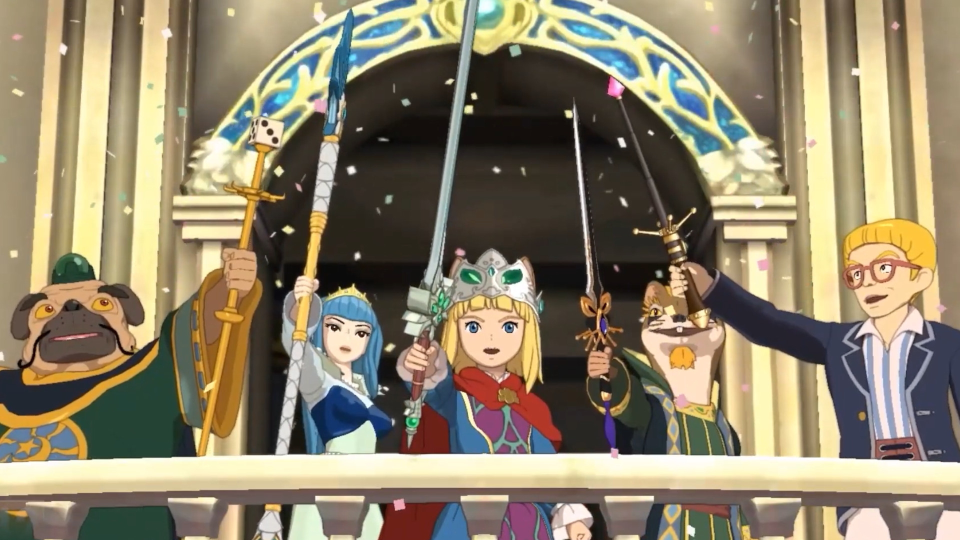 Evan and the rulers of other kingdoms holding up their swords in celebration during the family friendly RPG, Ni no Kuni 2: Revenant Kingdom