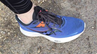 The Saucony Ride 15 in blue and orange pictured outdoors