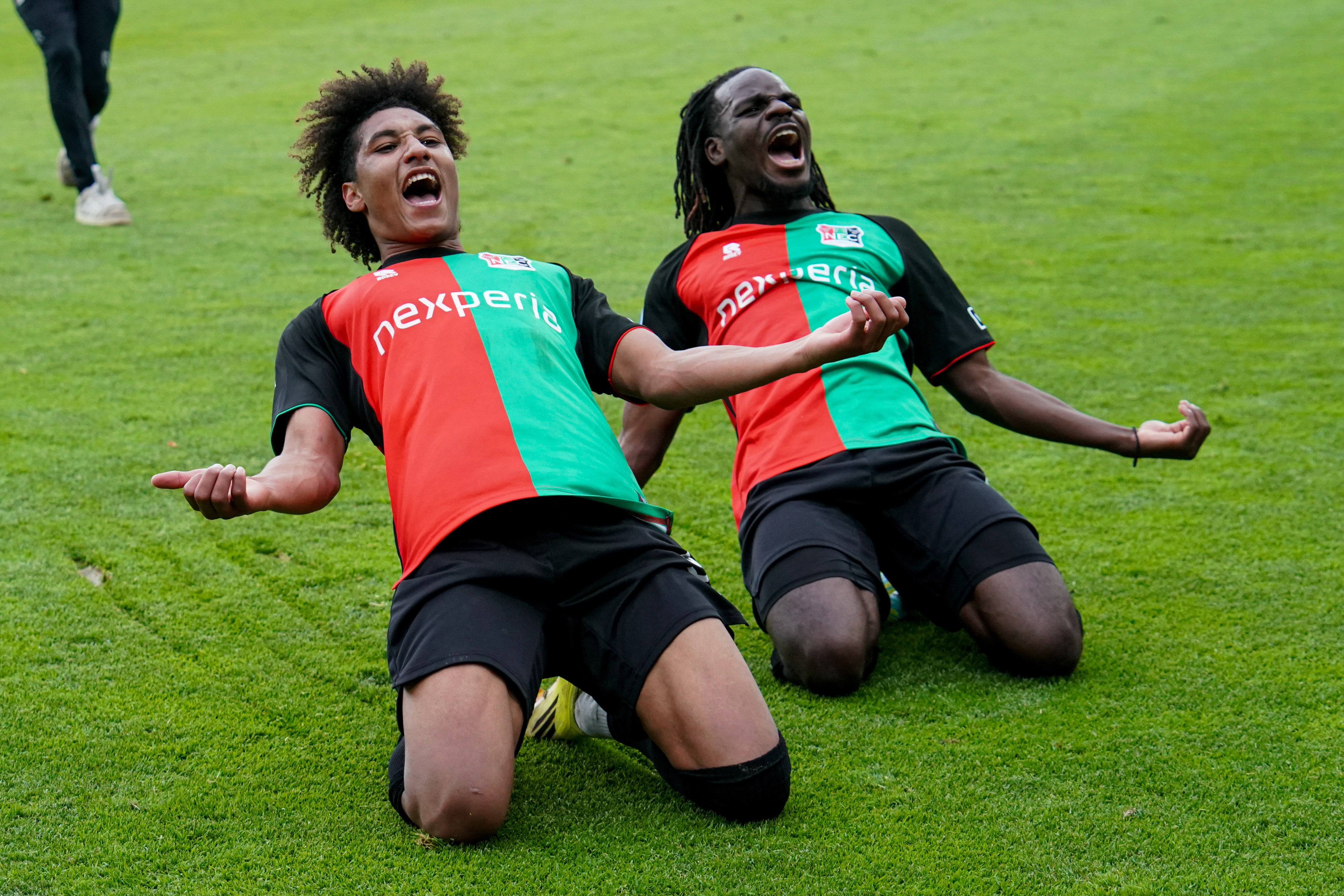 NIJMEGEN, NETHERLANDS - MAY 17: Noe Lebreton of NEC Nijmegen and Brayann Pereira of NEC Nijmegen cheering during a Dutch Eredivisie at Goffertstadion on May 17, 2026 in Nijmegen, Netherlands. (Photo by Jeroen Meuwsen/BSR Agency/Getty Images)