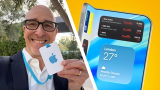 Lance Ulanoff holding an Apple badge alongside concept image of the foldable iPhone