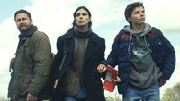 (L-R) Gerard Butler, Morena Baccarin and Roman Griffin Davis as John, Allison and Nathan Garrity in "Greenland 2: Migration" (2026).