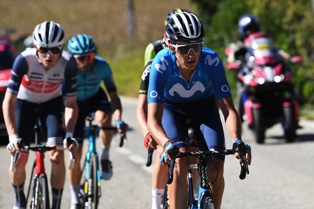 BORGOSESIA ITALY OCTOBER 07 LR Jensen Mattias Skjelmose of Denmark and Team Trek Segafredo and Marc Soler Gimenez of Spain and Movistar Team compete in the Breakaway during the 105th Gran Piemonte 2021 a 168km race from Rocca Canavese to Borgosesia 350m GranPiemonte on October 07 2021 in Borgosesia Italy Photo by Tim de WaeleGetty Images