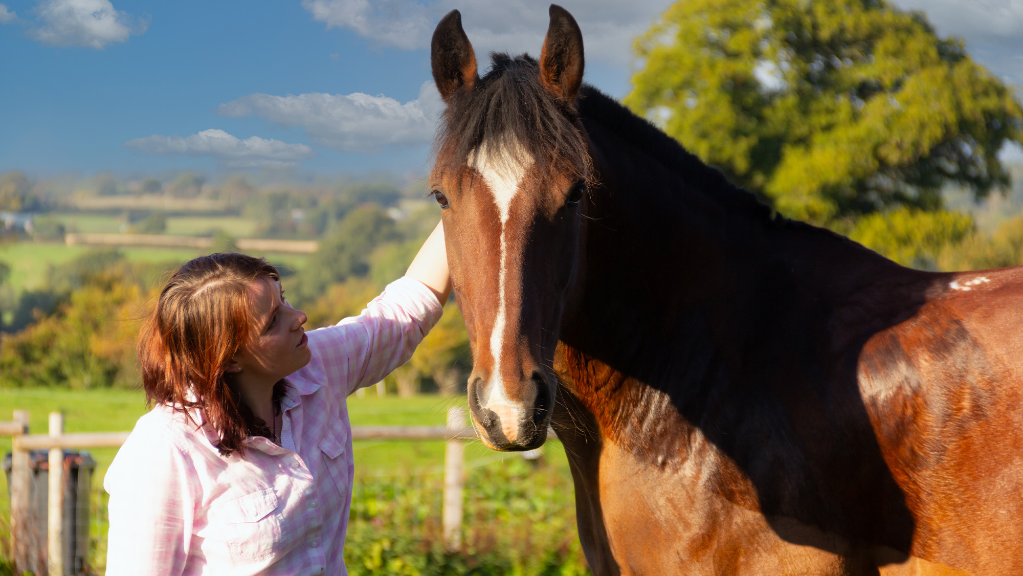 Woman standing with horse, hand on his neck, with trees and fields in background