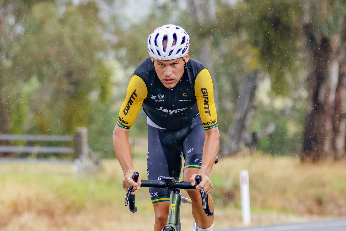 Luke Plapp (Jayco-AlUla) jumping over to join the break on a wet stage 1 of the Tour of Bright 