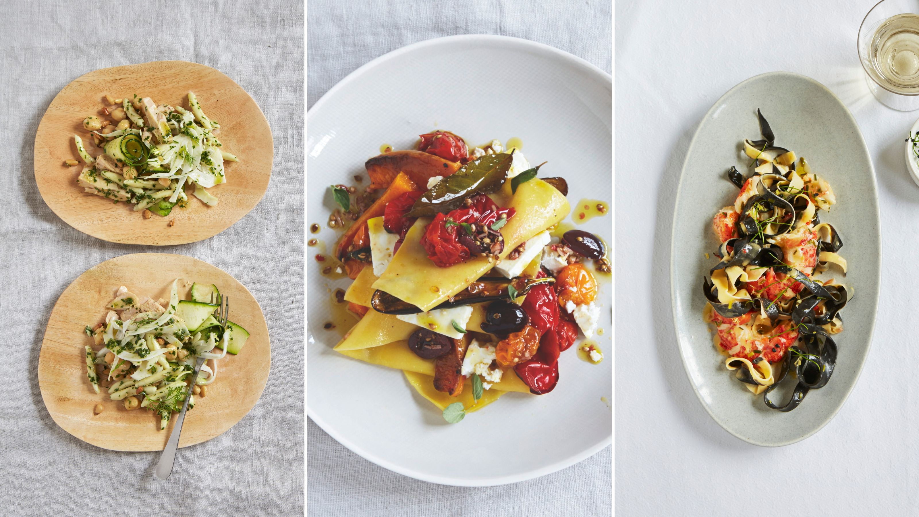 Three different pasta dishes shot from overhead in a composite format