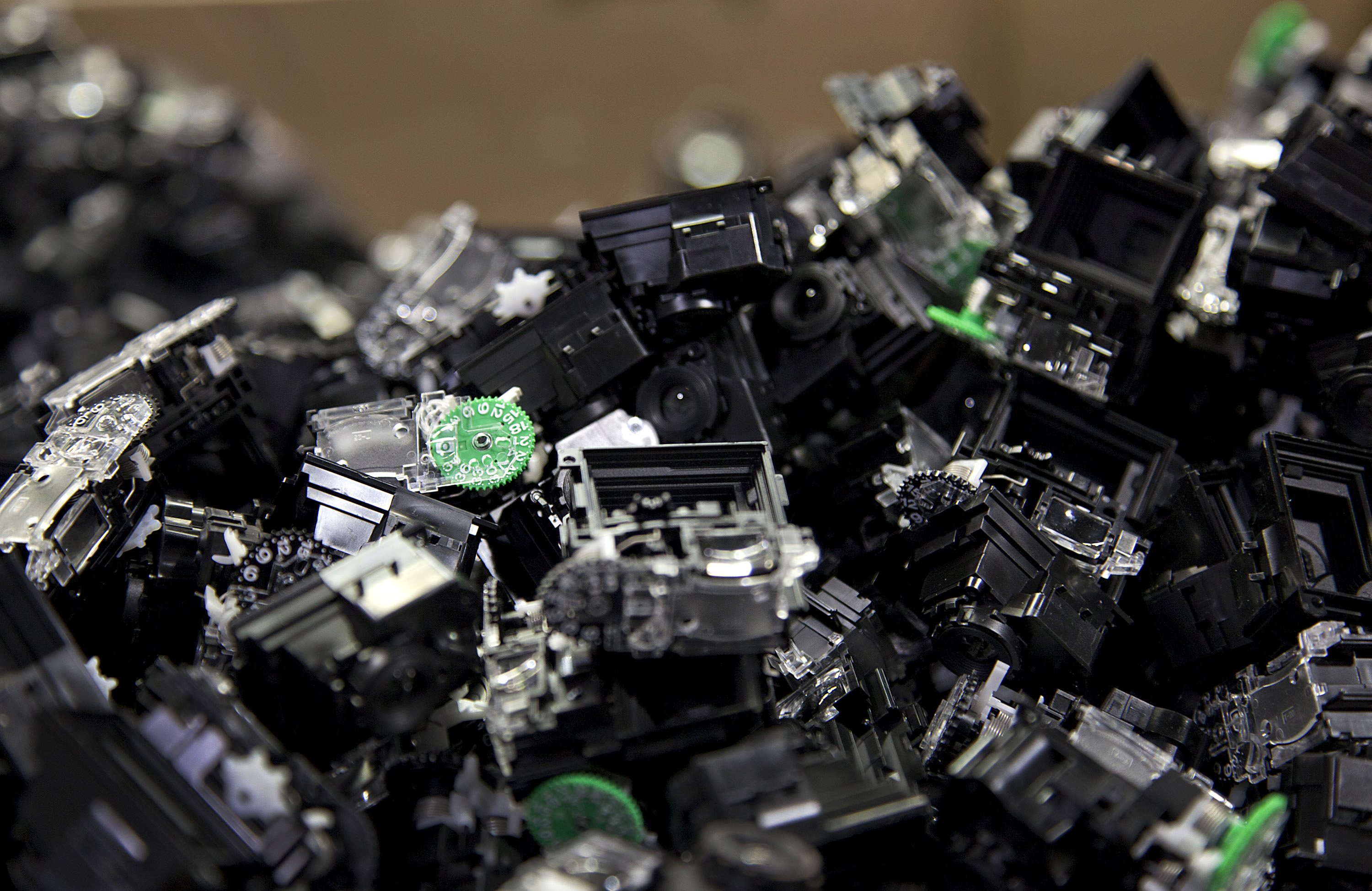Returned and disassembled QuickSnap disposable camera to be recycled at Fujifilm Manufacturing USA, Inc., Greenwood, SC on Thursday, January 12, 2012.