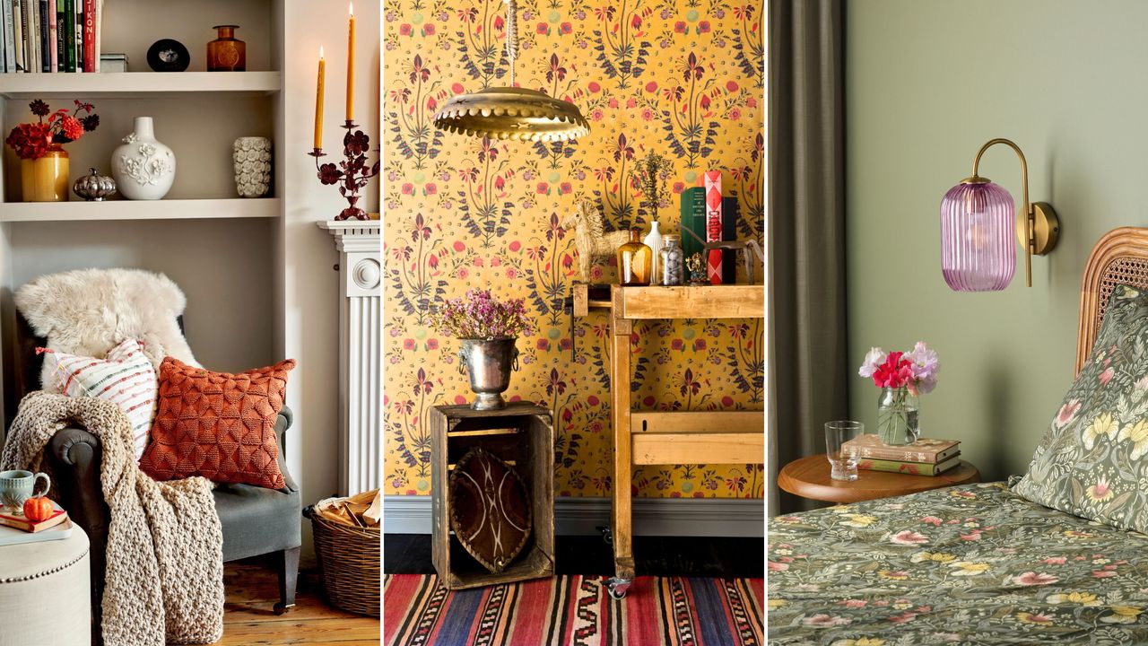 Three pictures of fall colors - a living room with a gray armchair and cream walls, a mustard yellow entryway with a wooden rolling cart, and a sage green bedroom with a patterned bed and purple light