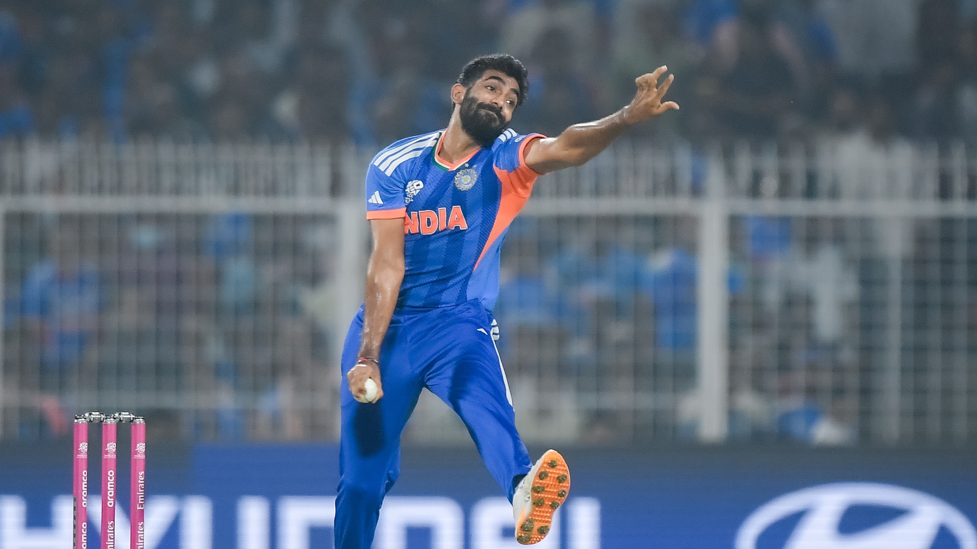 India's Jasprit Bumrah bowling at the 2026 T20 World Cup