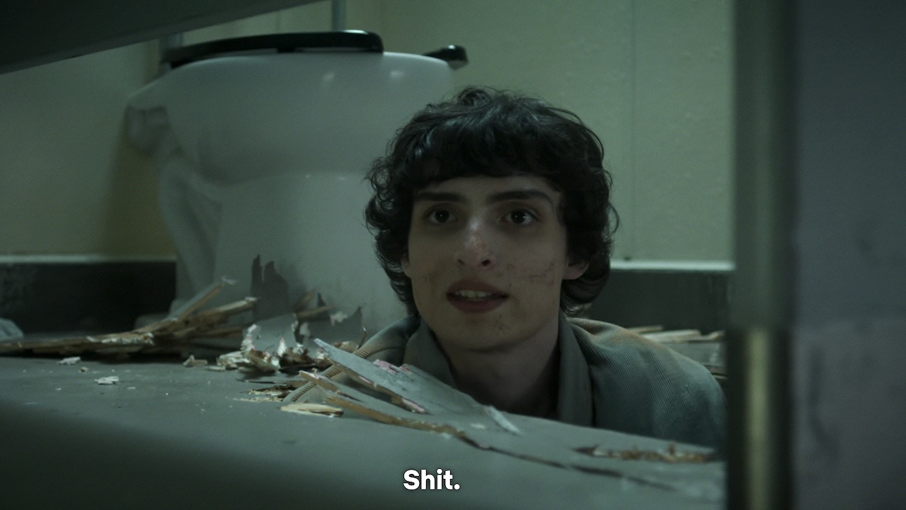 Mike's head poking up from bathroom floor while he says &amp;quot;shit&amp;quot; in Stranger Things Season 5 Episode 4