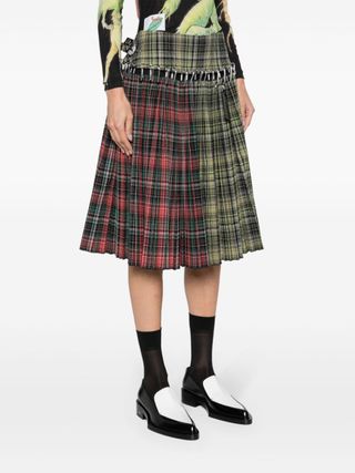 Green Wood Checked Plissé Skirt