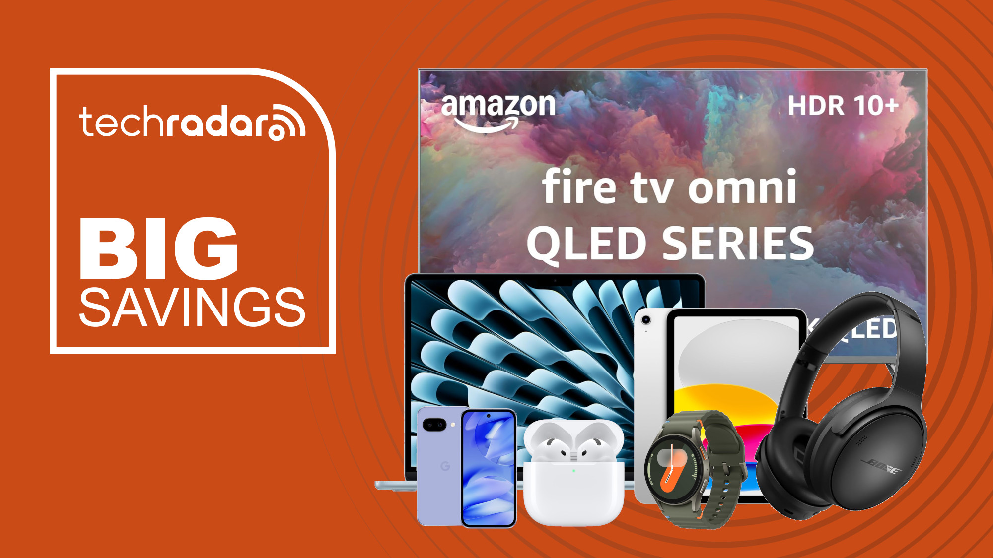 Collage of tech in the Amazon weekend sale, including a Fire TV, MacBook, iPad, AirPods, Bose headphones, Pixel phone and Galaxy Watch