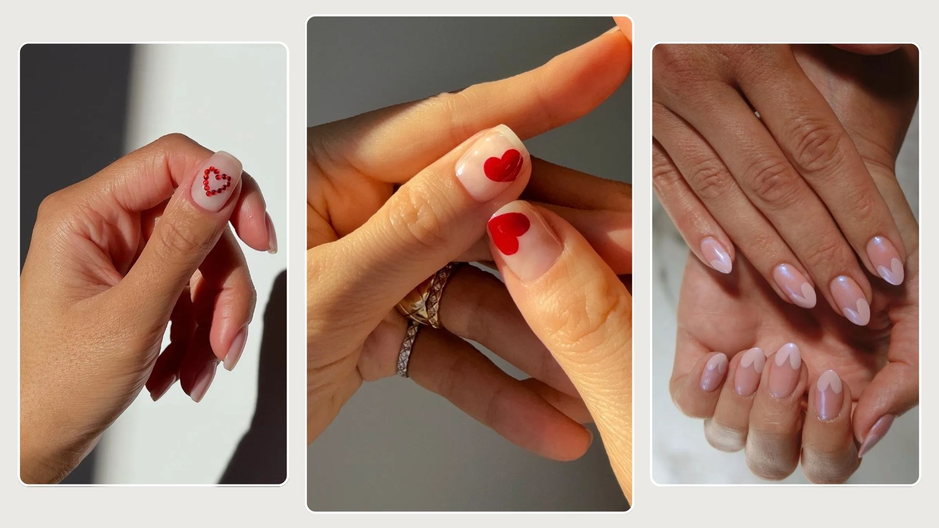 A collage of different red and pink heart nail designs