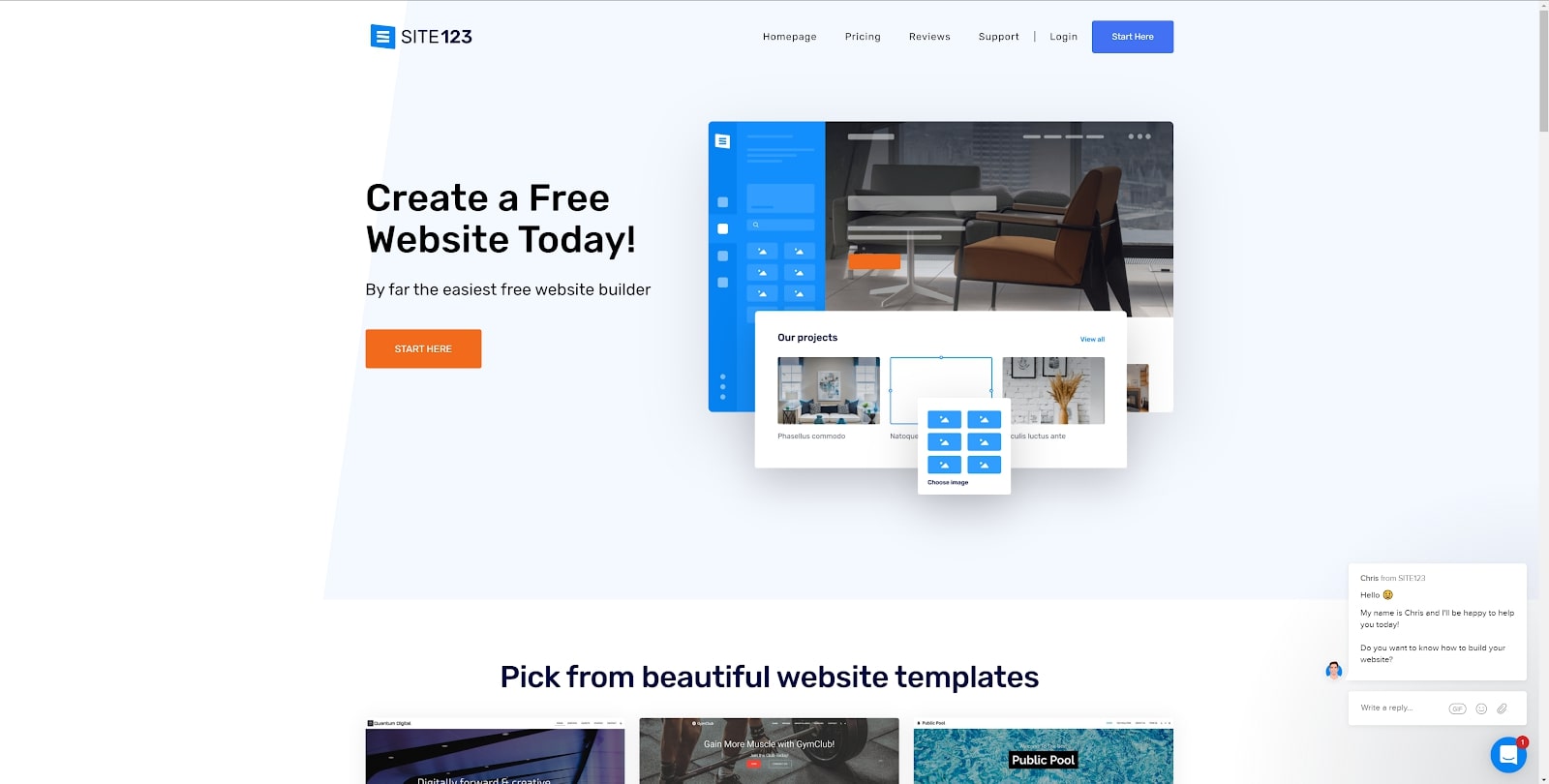 A screenshot from Site123, one of the best free website builders