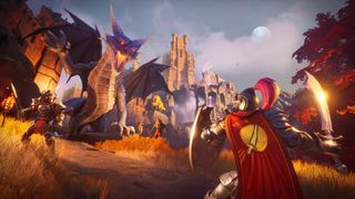 A knight with a red cape and sword faces a large, winged dragon near a stone castle, while another armored warrior stands nearby in a grassy field.