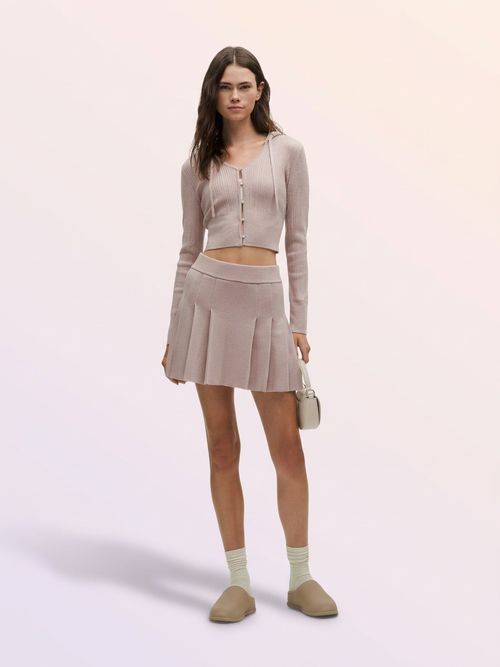 Ribbed Merino Wool Mid-Rise Pleated Skirt