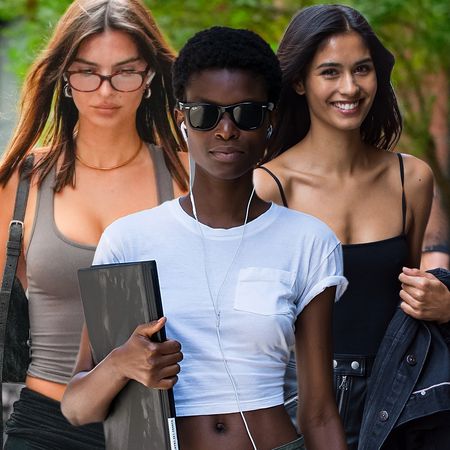Emily Ratajkowski and two Victoria's Secret models walking in new york city