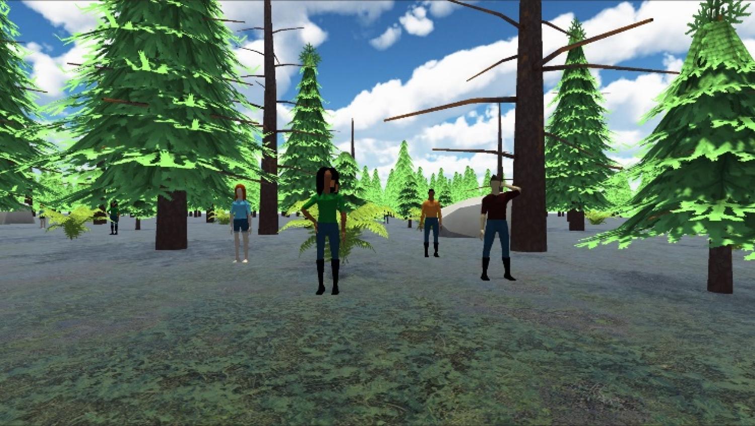 a digital drawing of a bunch of pine trees with people standing on the ground