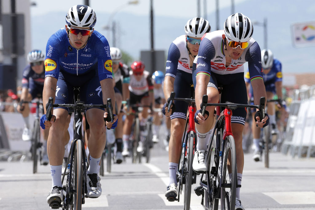 CLLAR VEGA SPAIN MAY 21 lvaro Jos Hodeg Chagui of Colombia and Team Deceuninck QuickStep Mads Pedersen of Denmark and Team Trek Segafredo at arrival during the 67th Vuelta A Andalucia Ruta Del Sol 2021 Stage 4 a 1829km stage from Baza to Cllar Vega VCANDALUCIA on May 21 2021 in Cllar Vega Spain Photo by Gonzalo Arroyo MorenoGetty Images