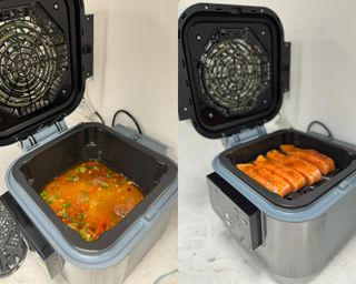 Preparing mixed vegetable rice and four salmon filets in the Ninja Speedi multicooker air fryer