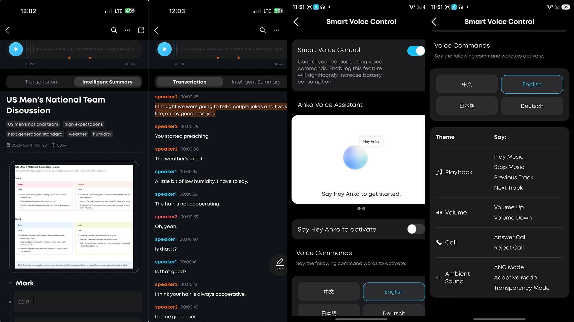 Screenshots form the Soundcore Anka app, showing meeting transcription and voice commands