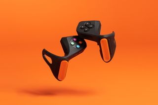 A stock image of the Zwift Play controllers against a bright orange background.