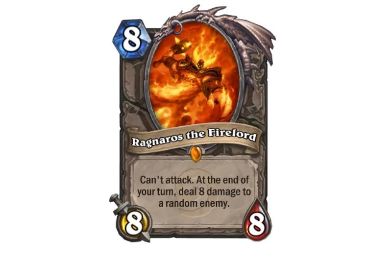 "Ragnaros is heavily played in both control and mid-range decks and even shows up as a finisher in certain types of aggro decks. His high immediate value and strength at the eight mana cost made the decision during deck-building, 'Is this eight mana minion better than Ragnaros?' rather than, 'Is this eight mana minion the best choice for my deck type?' Dozens of cards in the seven to nine mana range never saw play because Ragnaros was always the easy choice in that range, and some decks only want to run one high cost card."