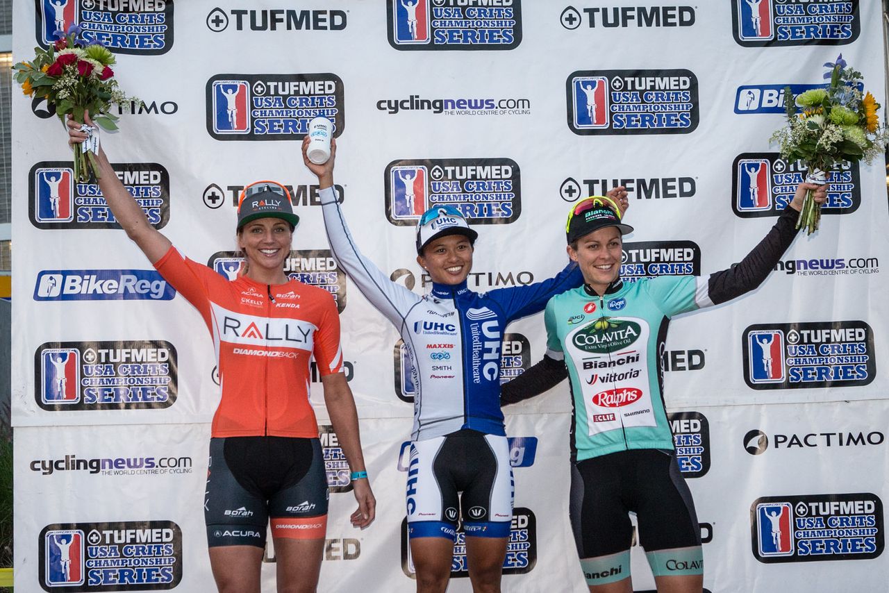 The women's podium: Allar, Rivera and Wells