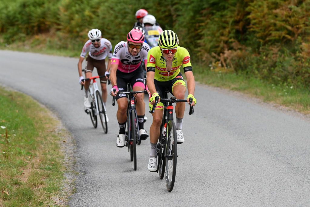 LA SOUTERRAINE FRANCE AUGUST 16 Kenny Molly of Belgium and Team Bingoal Pauwels Sauces Wb leads the breakaway during the 55th Tour du Limousin Nouvelle Aquitaine 2022 Stage 1 a 1764km stage from VerneuilsurVienne to La Souterraine 385m TDL2022 on August 16 2022 in La Souterraine France Photo by Dario BelingheriGetty Images