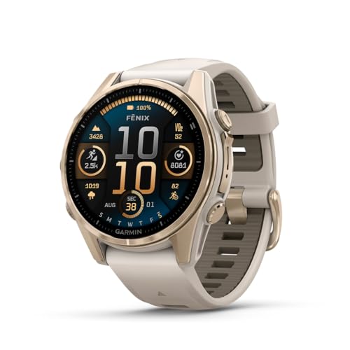 Garmin F&amp;#275;nix&amp;reg; 8 &amp;ndash; 43mm, Amoled, Sapphire, Premium Multisport Gps Smartwatch, Long-Lasting Battery Life, Dive-Rated, Built-In Led Flashlight, Soft Gold With Dark Sandstone Band