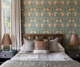 William Morris wallpaper in green bedroom in arts and crafts house by Cortney Bishop