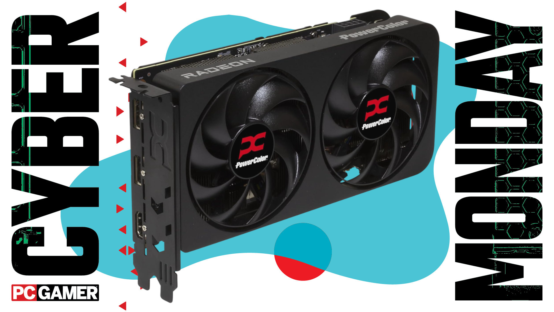 An image of a PowerColor Radeon RX 9060 XT graphics card against a colorful background, with a Cyber Monday phrase on the sides, and a PC Gamer logo in the corner