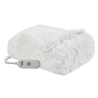 A cream fluffy electric throw blanket