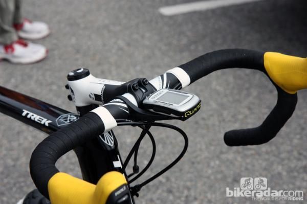 Joe Dombrowski's (Bontrager-Livestrong) all-Bontrager cockpit is punctuated by a new Quarq computer mount.