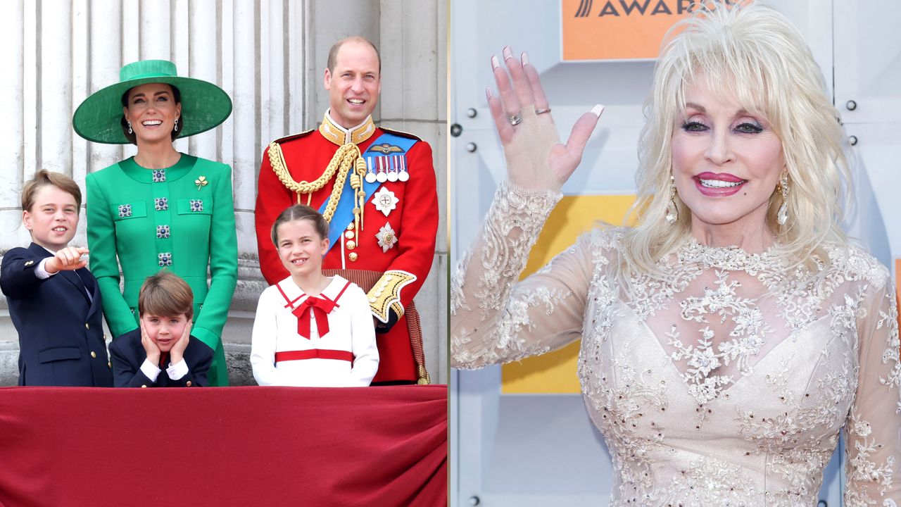 Princess Kate wearing a green coat, Prince William wearing a red military uniform, Prince George wearing a blue suit and pointing, Prince Louis leaning forward with his chin in his hands and Princess Charlotte wearing a white and red dress with a bow next to a picture of Dolly Parton in a sheer lace dress waving