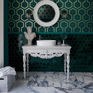 green hexagonal tiles and wallpaper with white table