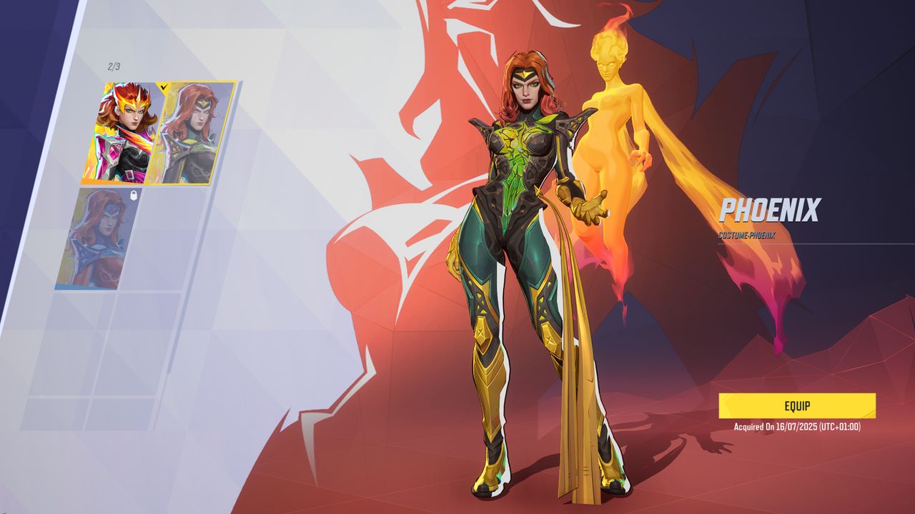 Marvel Rivals Phoenix skins: Phoenix's default costume in the inventory screen.