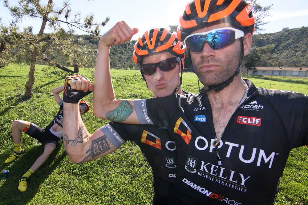 Phil Gaimon (right) and Brad Huff show off their "clean" tattoos while Scott Zwizanski clowns in the background.